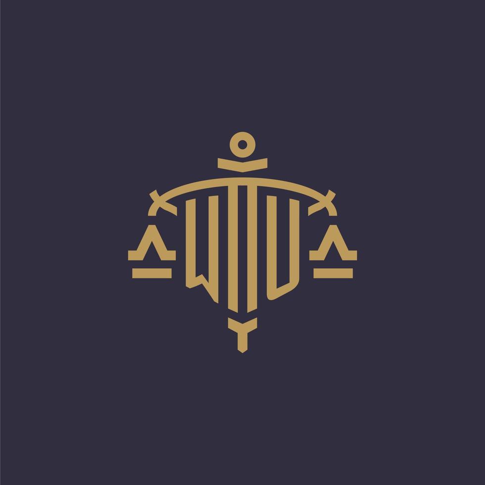 Monogram WU logo for legal firm with geometric scale and sword style vector