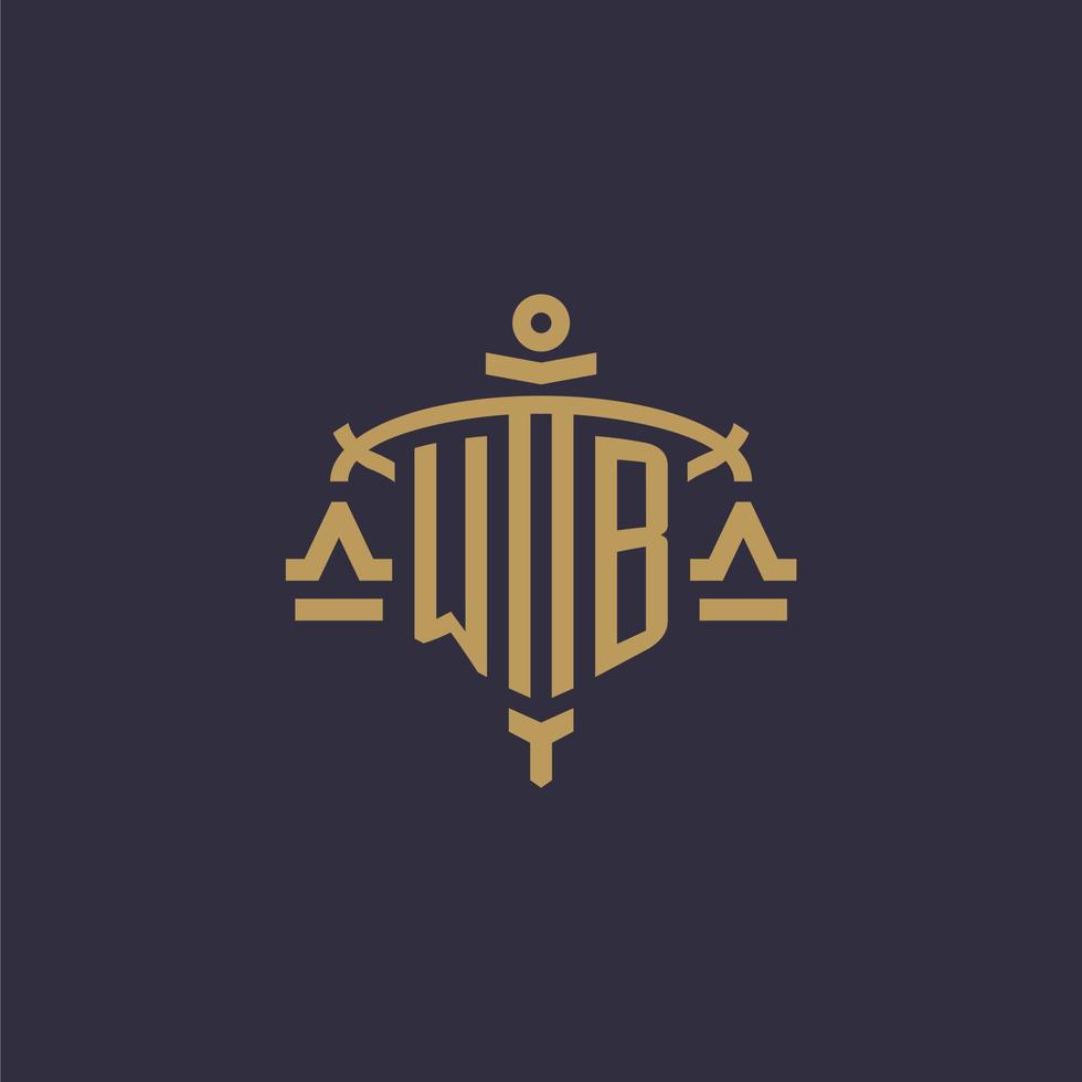 Monogram WB logo for legal firm with geometric scale and sword style vector