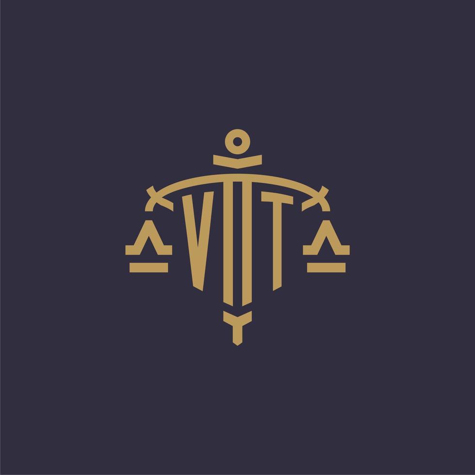 Monogram VT logo for legal firm with geometric scale and sword style vector