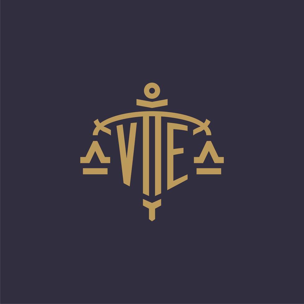 Monogram VE logo for legal firm with geometric scale and sword style vector