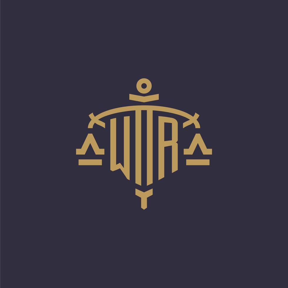 Monogram WR logo for legal firm with geometric scale and sword style vector
