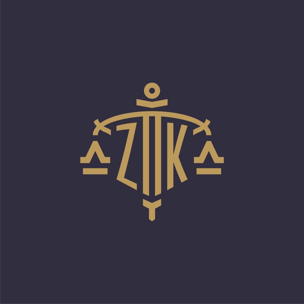 Monogram ZK logo for legal firm with geometric scale and sword style vector