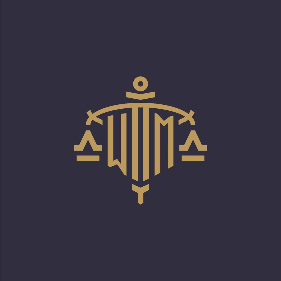 Monogram WM logo for legal firm with geometric scale and sword style vector