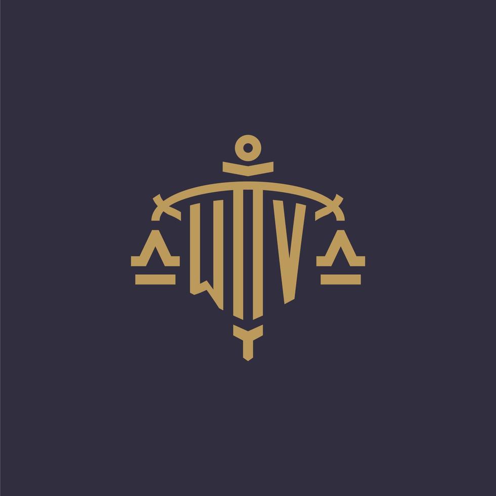 Monogram WV logo for legal firm with geometric scale and sword style vector