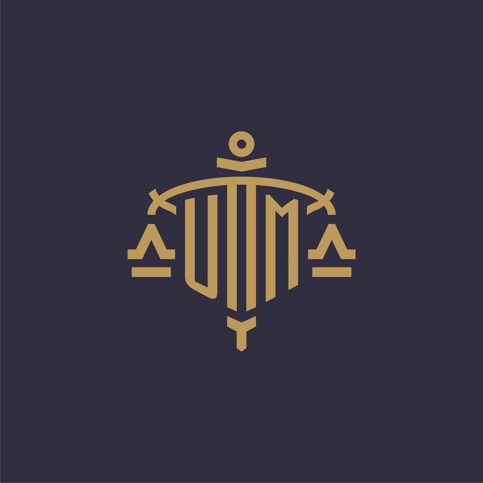 Monogram UM logo for legal firm with geometric scale and sword style vector