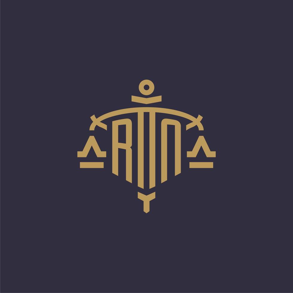 Monogram RN logo for legal firm with geometric scale and sword style vector