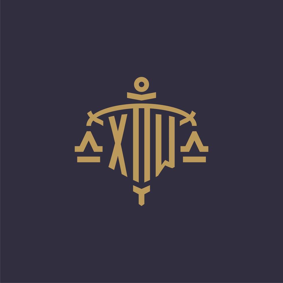 Monogram XW logo for legal firm with geometric scale and sword style vector