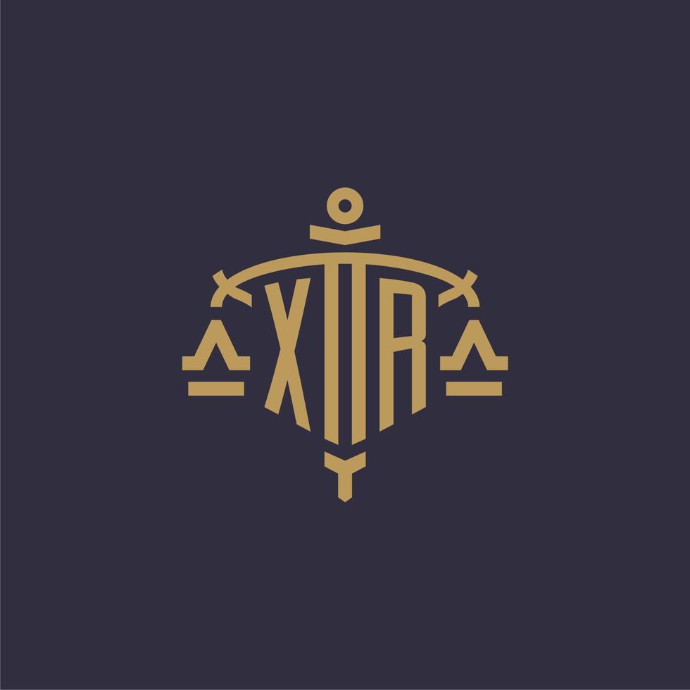 Monogram XR logo for legal firm with geometric scale and sword style vector