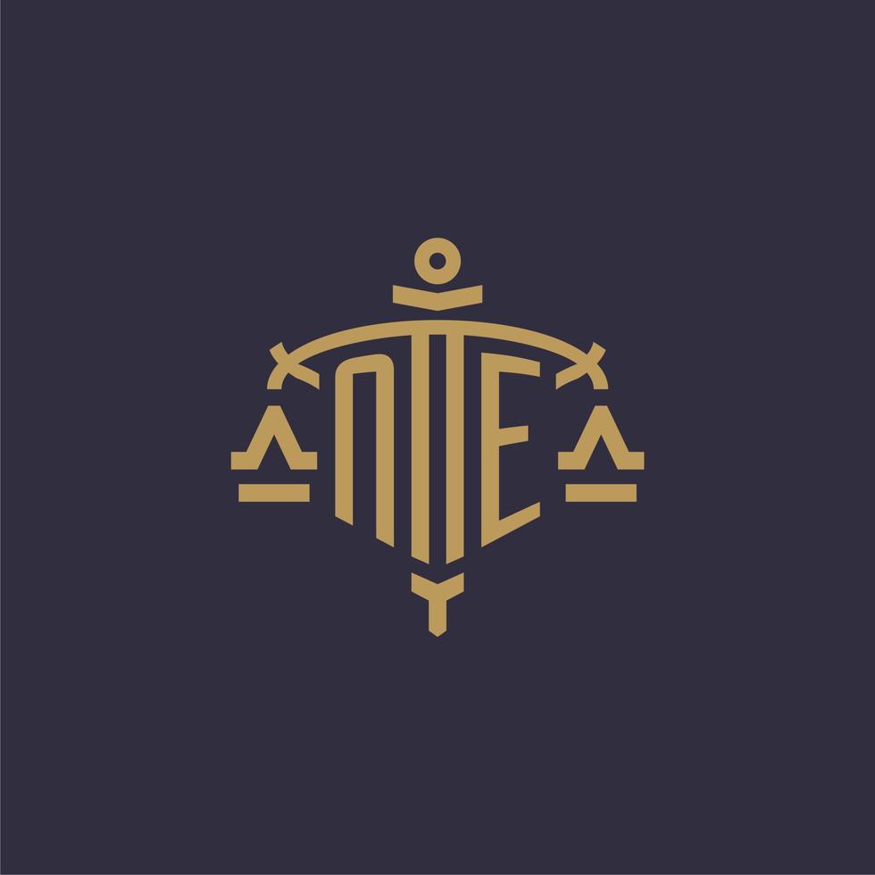 Monogram NE logo for legal firm with geometric scale and sword style vector