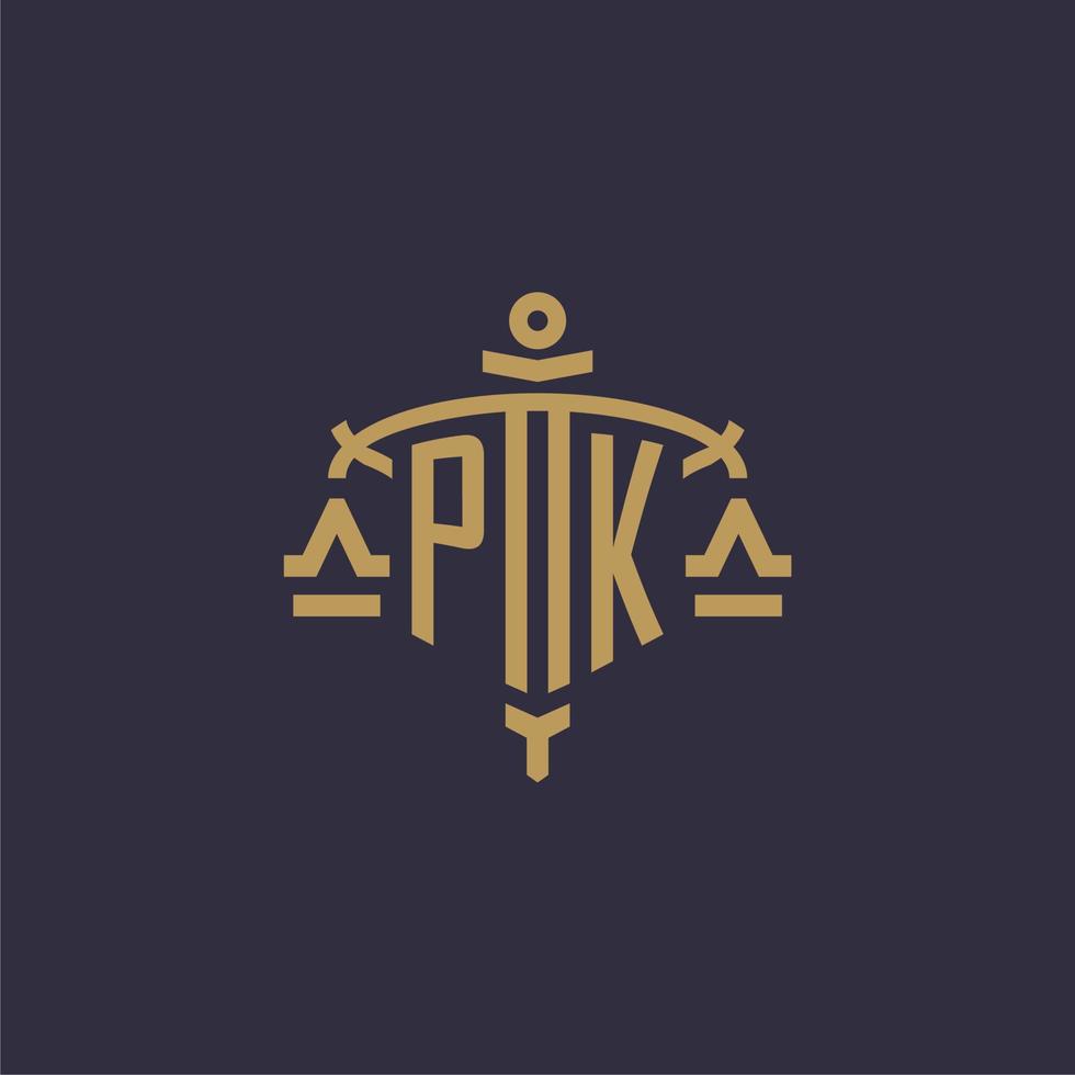 Monogram PK logo for legal firm with geometric scale and sword style vector