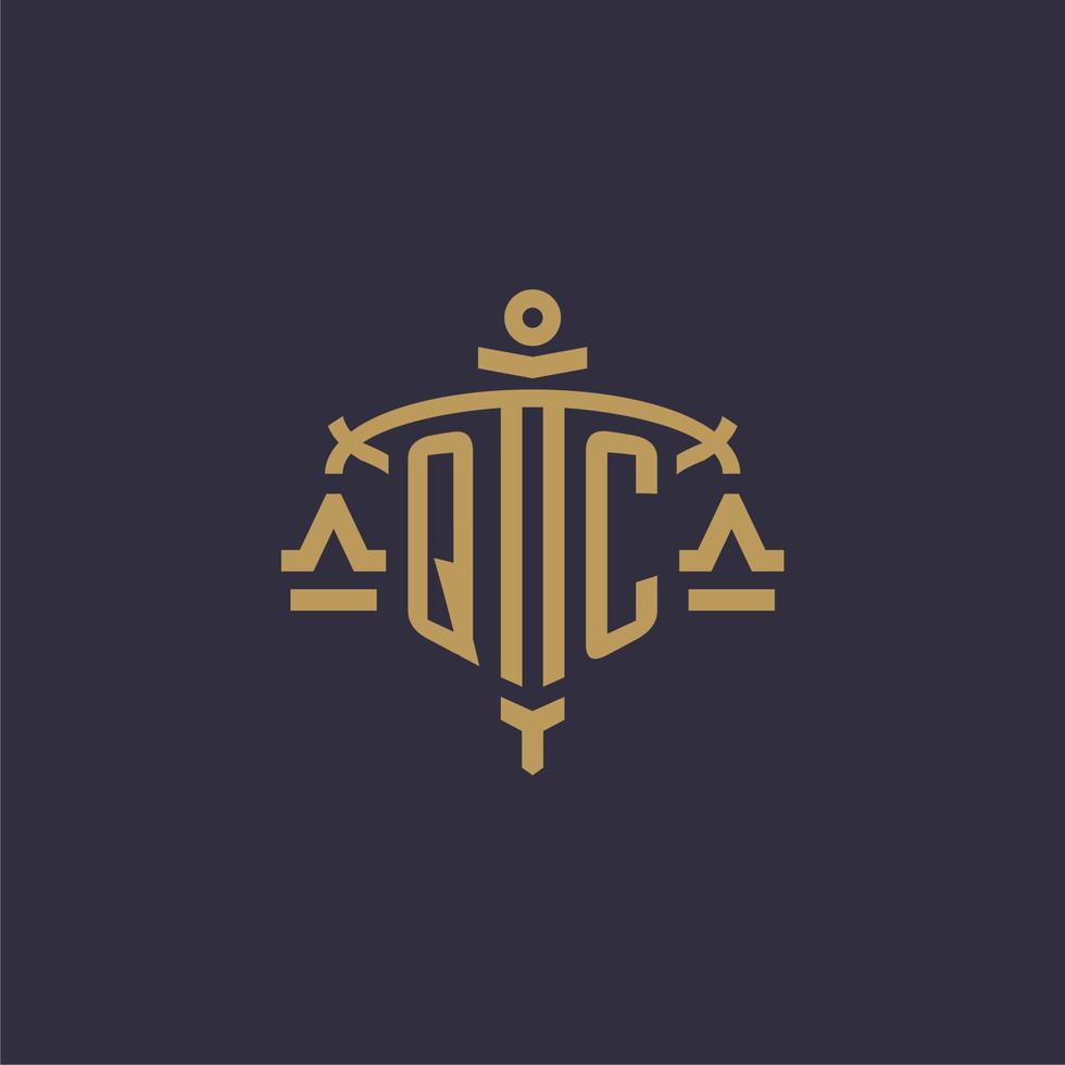 Monogram QC logo for legal firm with geometric scale and sword style vector