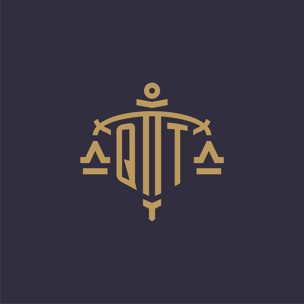 Monogram QT logo for legal firm with geometric scale and sword style vector