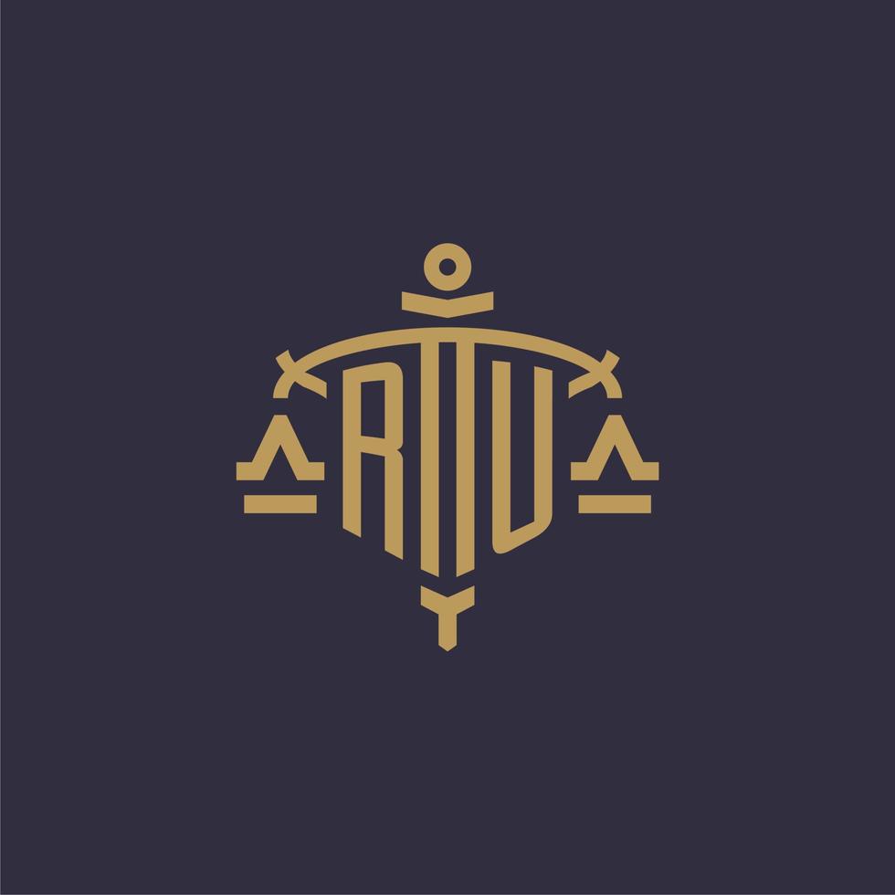Monogram RU logo for legal firm with geometric scale and sword style vector