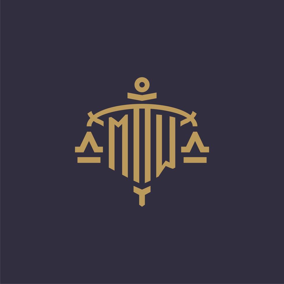 Monogram MW logo for legal firm with geometric scale and sword style vector
