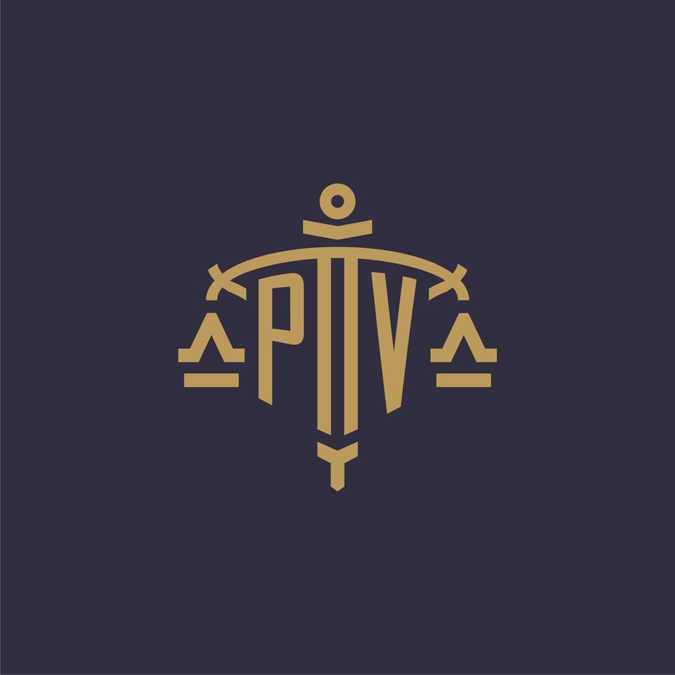 Monogram PV logo for legal firm with geometric scale and sword style vector