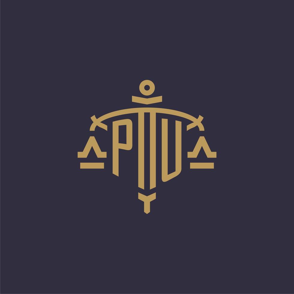 Monogram PU logo for legal firm with geometric scale and sword style vector