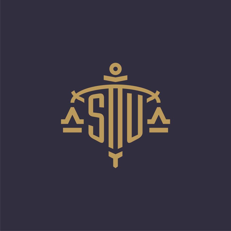 Monogram SU logo for legal firm with geometric scale and sword style vector