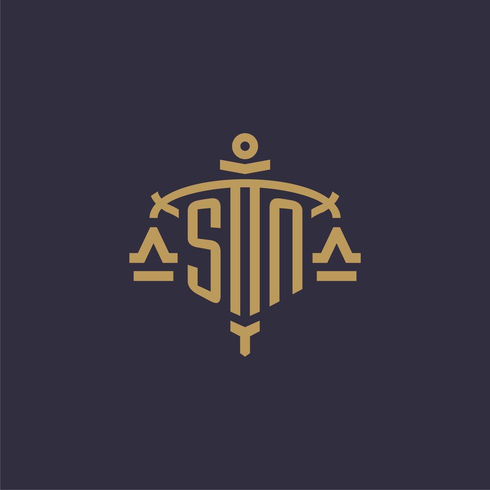 Monogram SN logo for legal firm with geometric scale and sword style vector