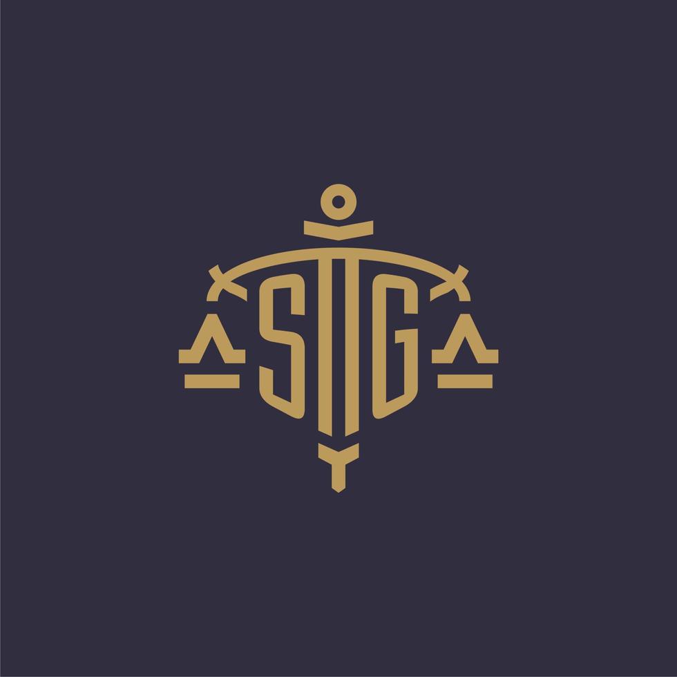 Monogram SG logo for legal firm with geometric scale and sword style vector
