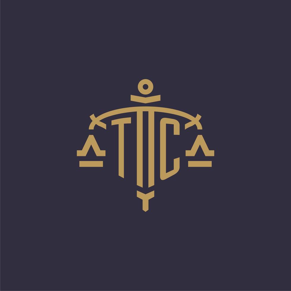 Monogram TC logo for legal firm with geometric scale and sword style vector