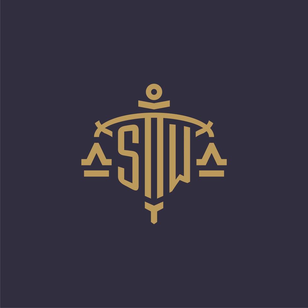 Monogram SW logo for legal firm with geometric scale and sword style vector