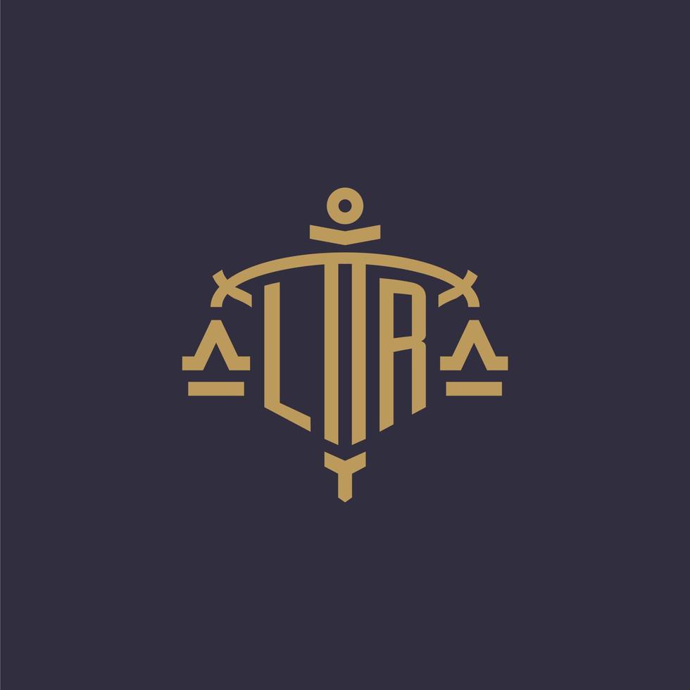 Monogram LR logo for legal firm with geometric scale and sword style vector
