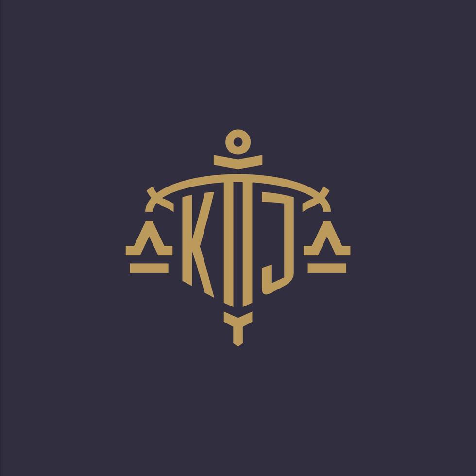 Monogram KJ logo for legal firm with geometric scale and sword style vector