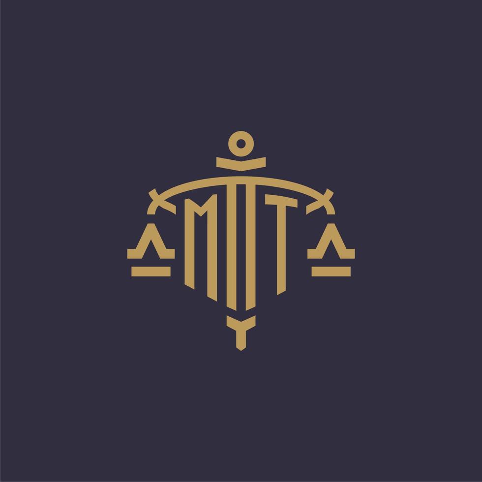 Monogram MT logo for legal firm with geometric scale and sword style vector