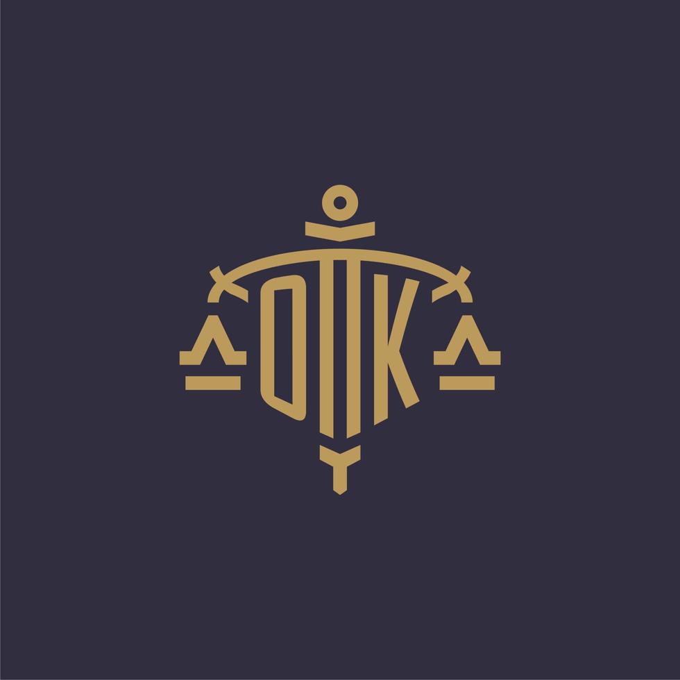 Monogram OK logo for legal firm with geometric scale and sword style vector
