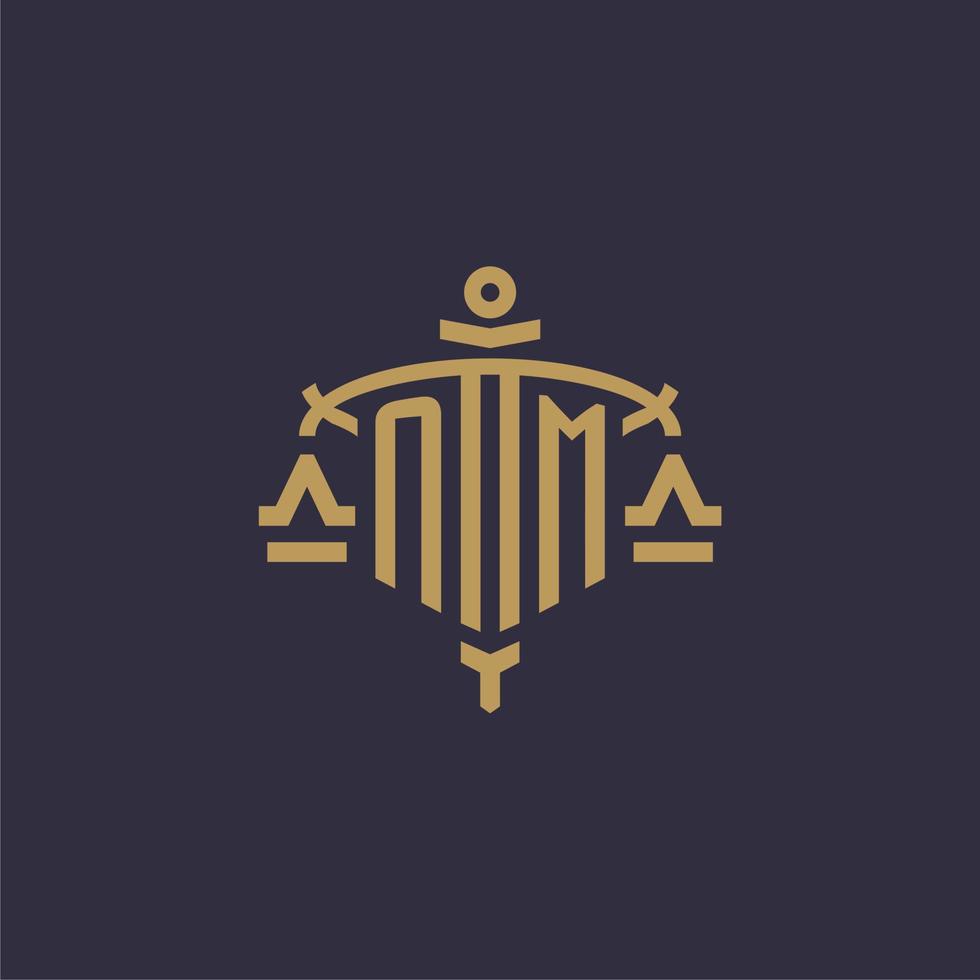 Monogram NM logo for legal firm with geometric scale and sword style vector