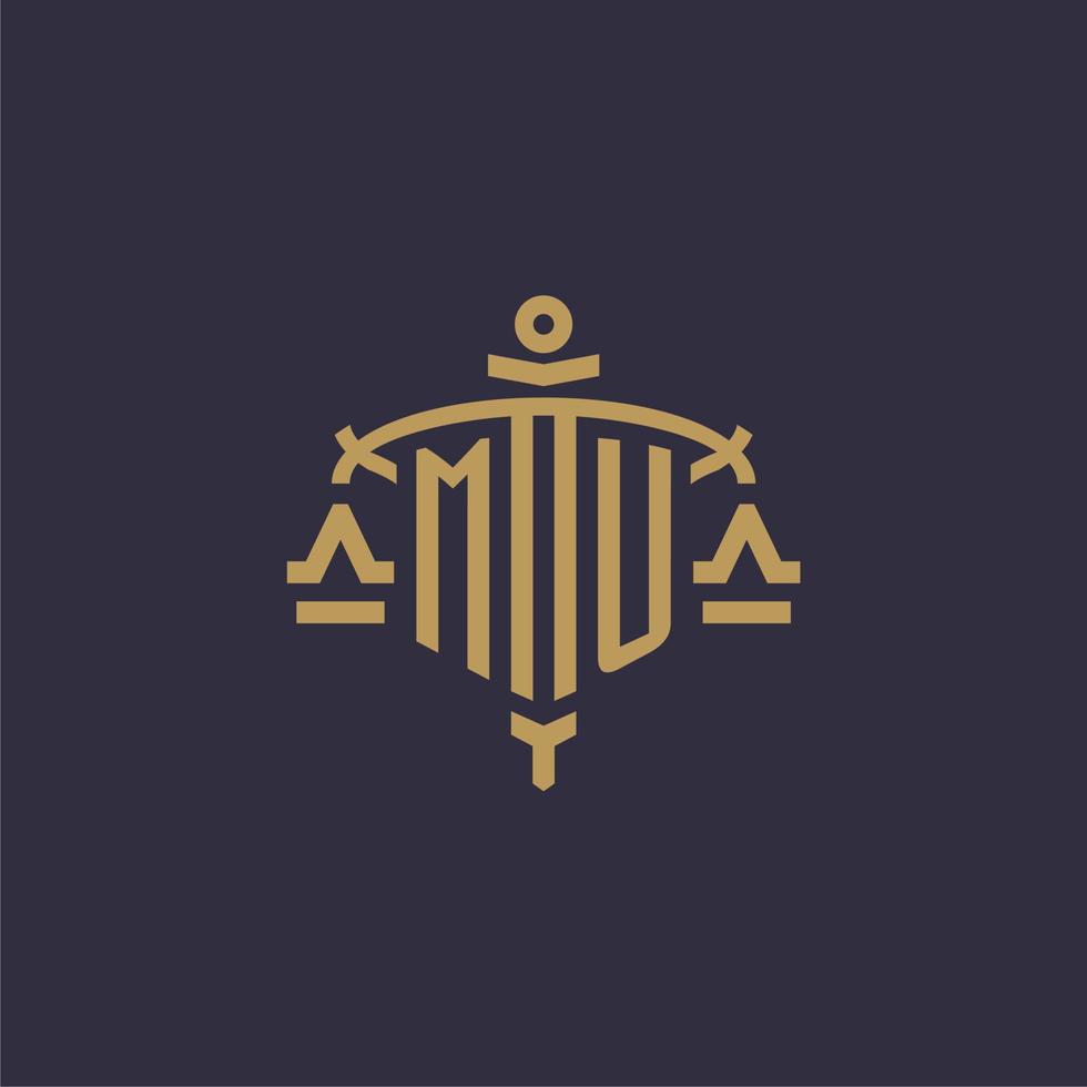 Monogram MU logo for legal firm with geometric scale and sword style vector