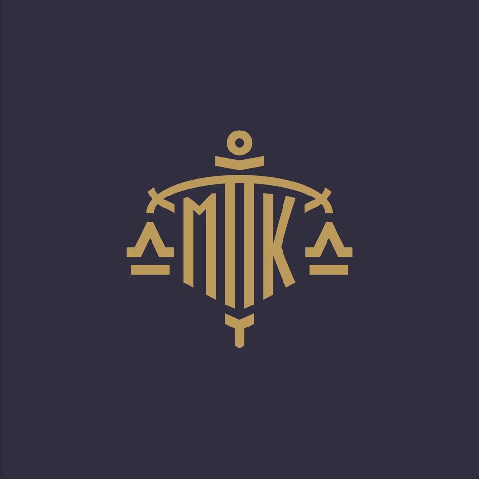 Monogram MK logo for legal firm with geometric scale and sword style vector