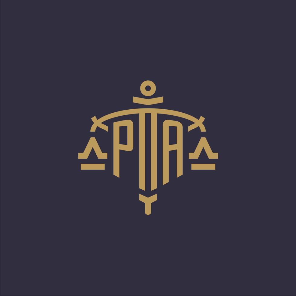 Monogram PA logo for legal firm with geometric scale and sword style vector