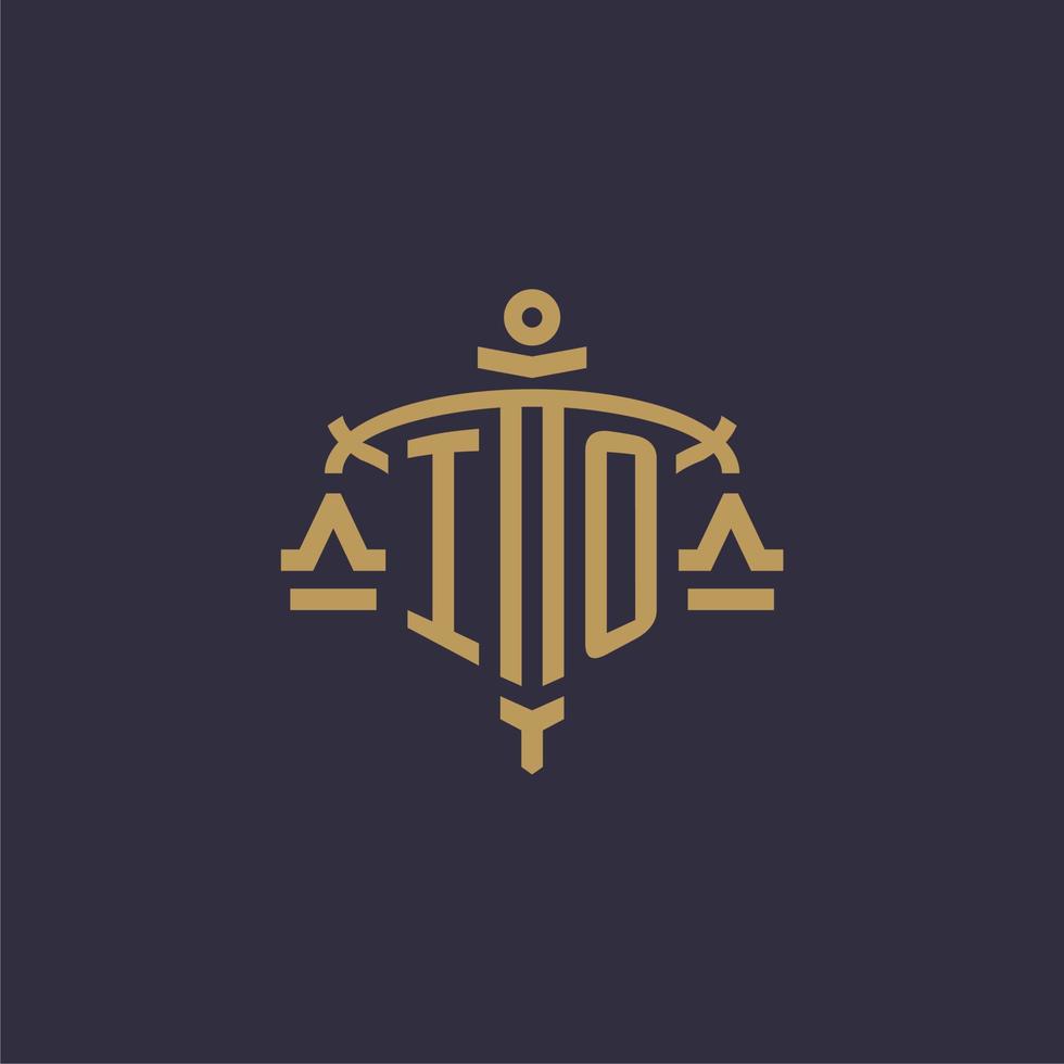Monogram IO logo for legal firm with geometric scale and sword style vector