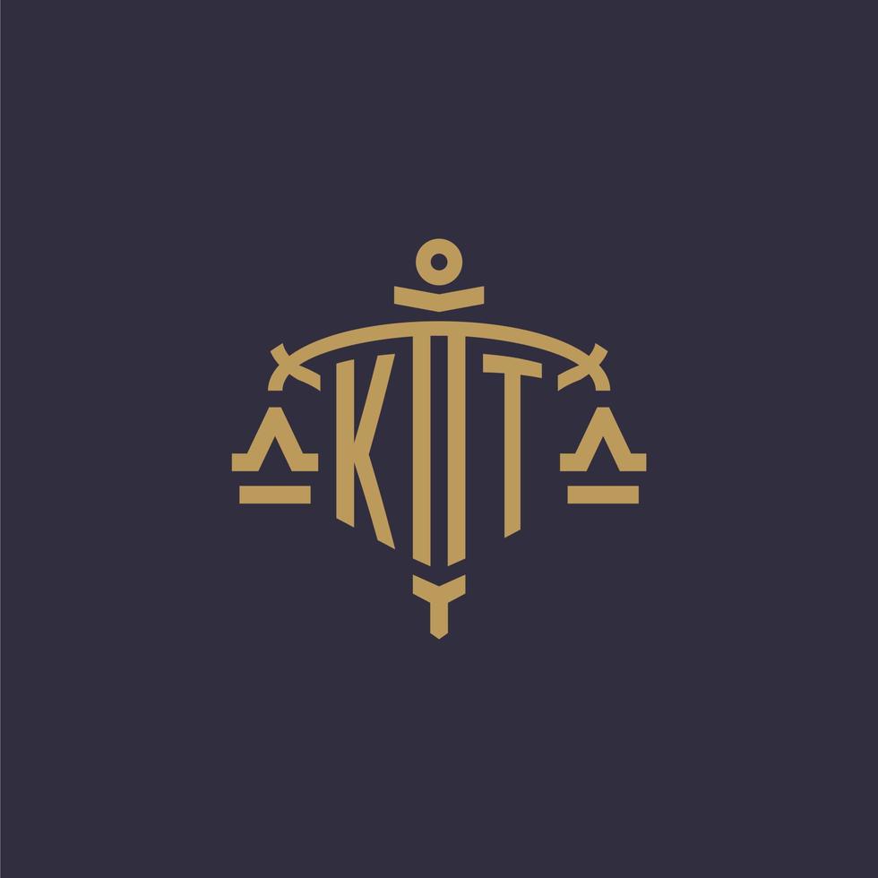 Monogram KT logo for legal firm with geometric scale and sword style vector