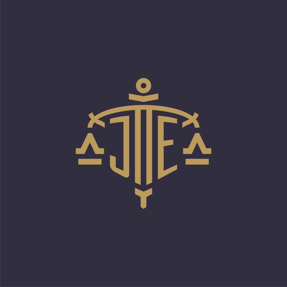 Monogram JE logo for legal firm with geometric scale and sword style vector