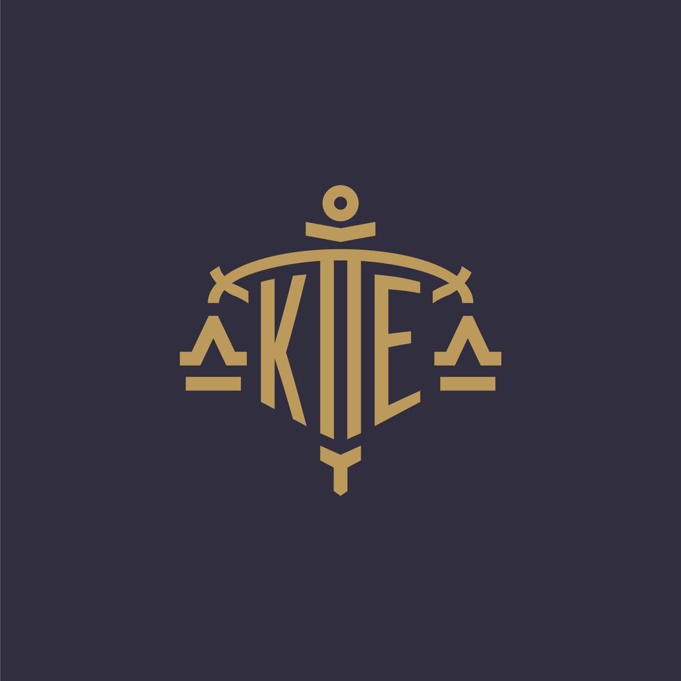 Monogram KE logo for legal firm with geometric scale and sword style vector