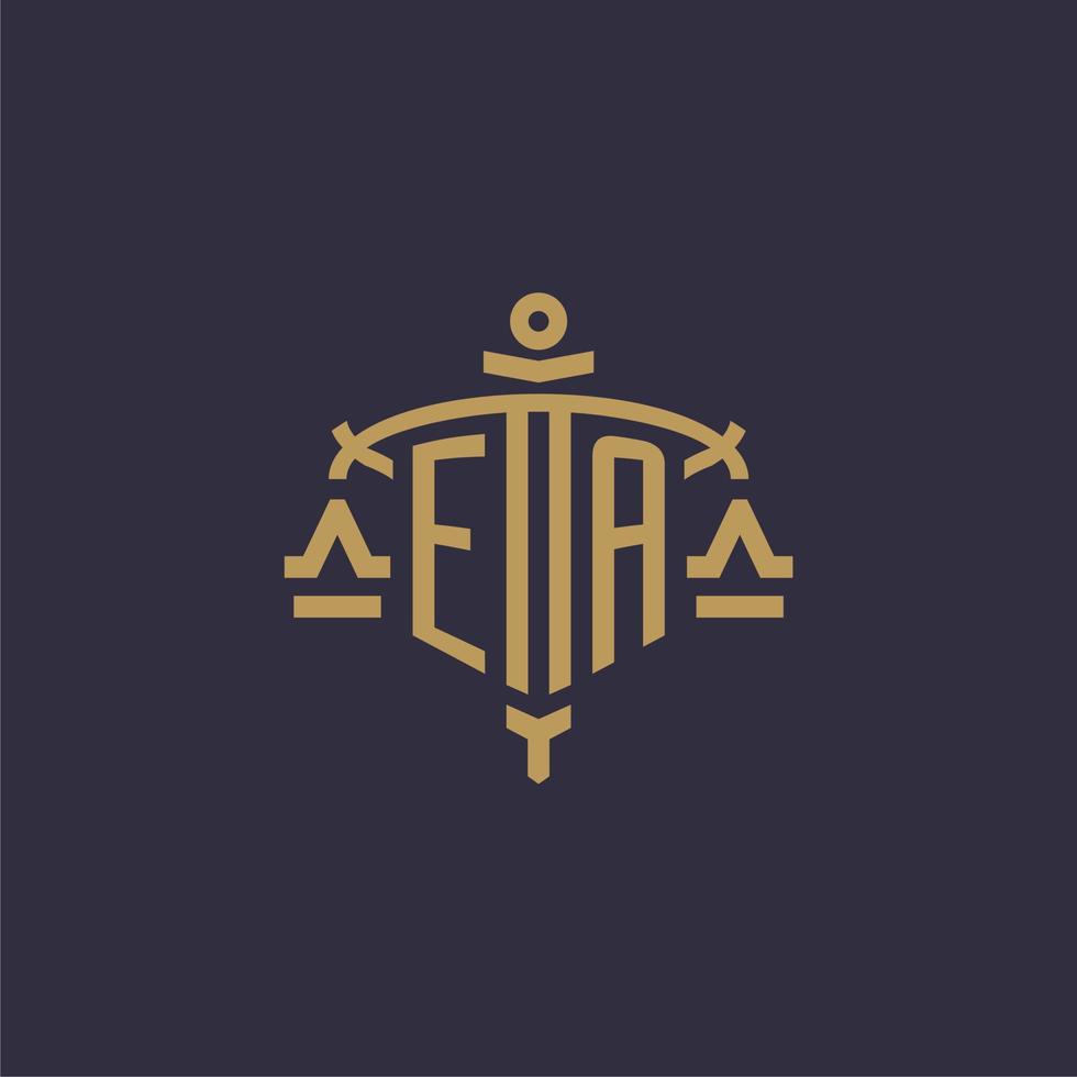 Monogram EA logo for legal firm with geometric scale and sword style vector