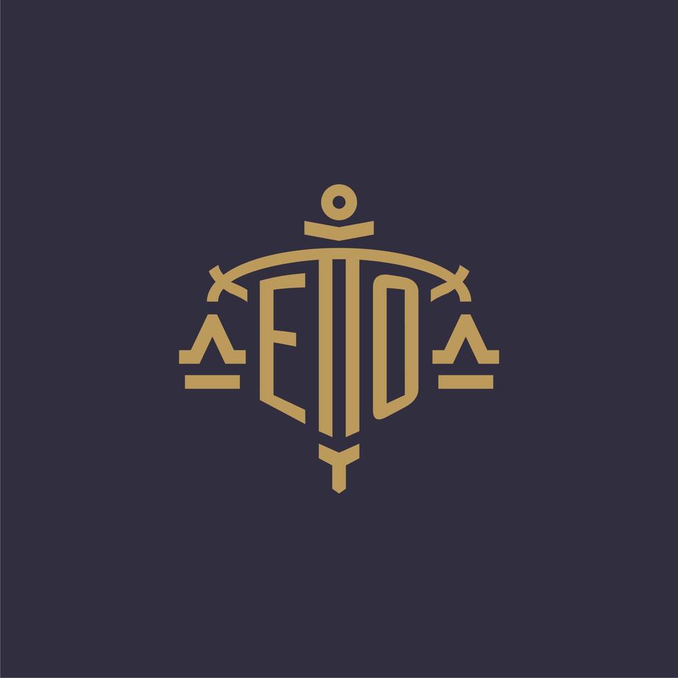 Monogram EO logo for legal firm with geometric scale and sword style vector