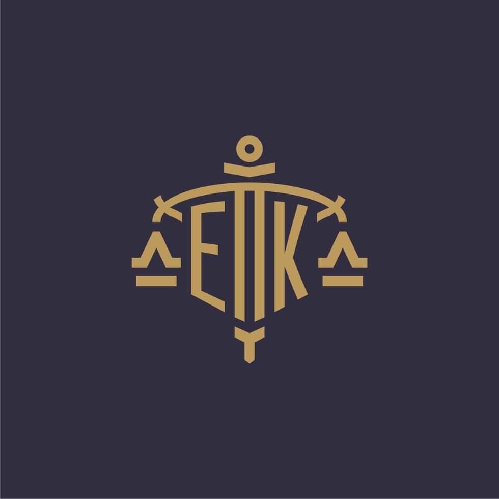 logotipo de monograma ek para firma legal con escala geométrica y estilo espada vector