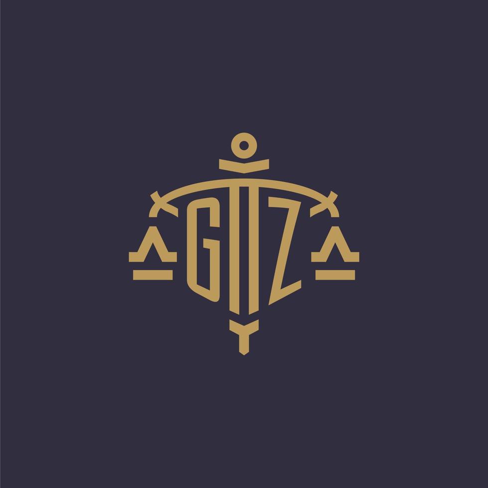 Monogram GZ logo for legal firm with geometric scale and sword style vector