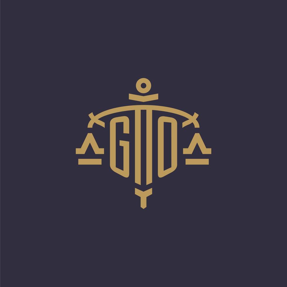 Monogram GO logo for legal firm with geometric scale and sword style vector
