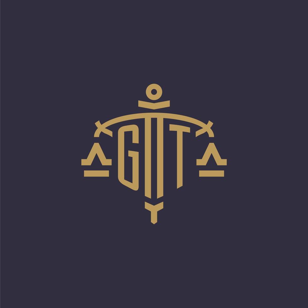 logotipo de monograma gt para firma legal con escala geométrica y estilo espada vector