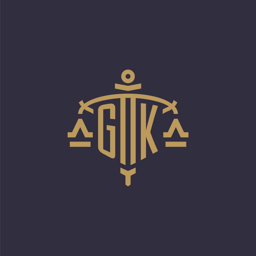 logotipo de monogram gk para firma legal con escala geométrica y estilo de espada vector