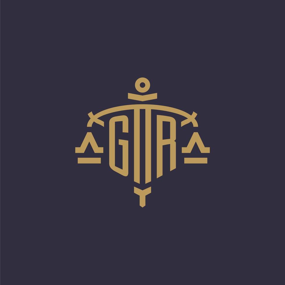 logotipo de monogram gr para firma legal con escala geométrica y estilo de espada vector