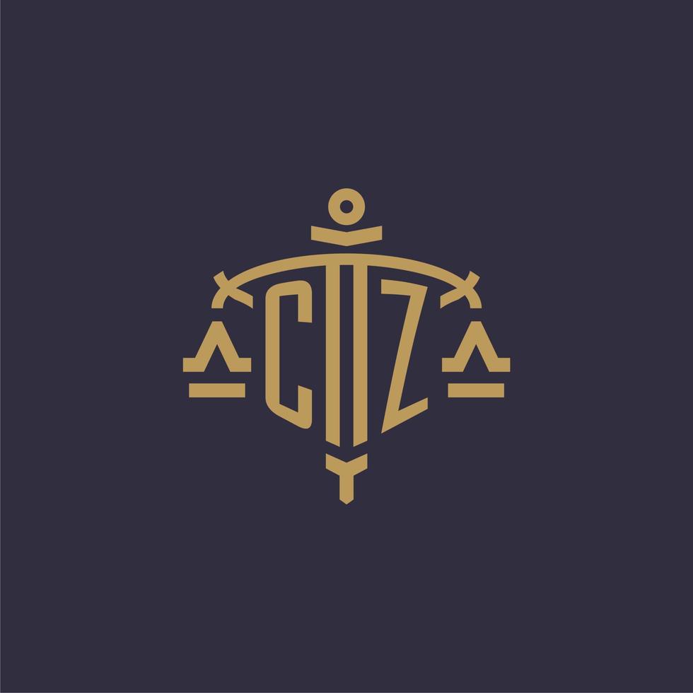 Monogram CZ logo for legal firm with geometric scale and sword style vector