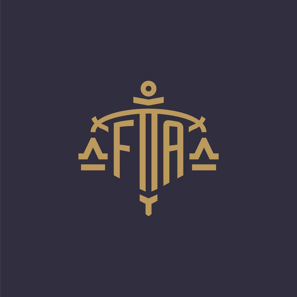 Monogram FA logo for legal firm with geometric scale and sword style vector