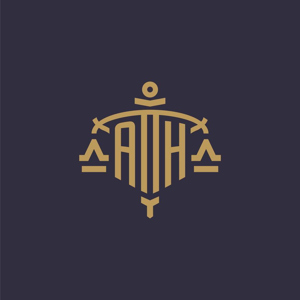 Monogram AH logo for legal firm with geometric scale and sword style vector