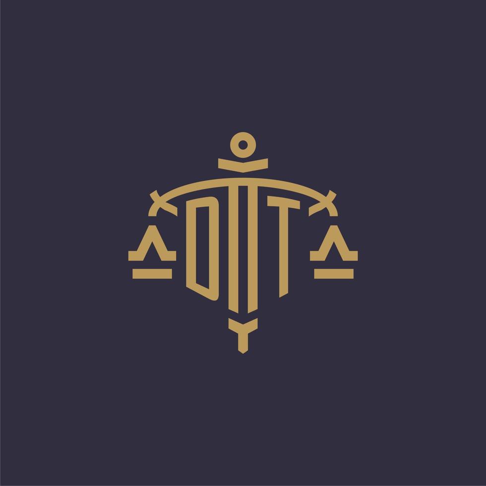 Monogram DT logo for legal firm with geometric scale and sword style vector