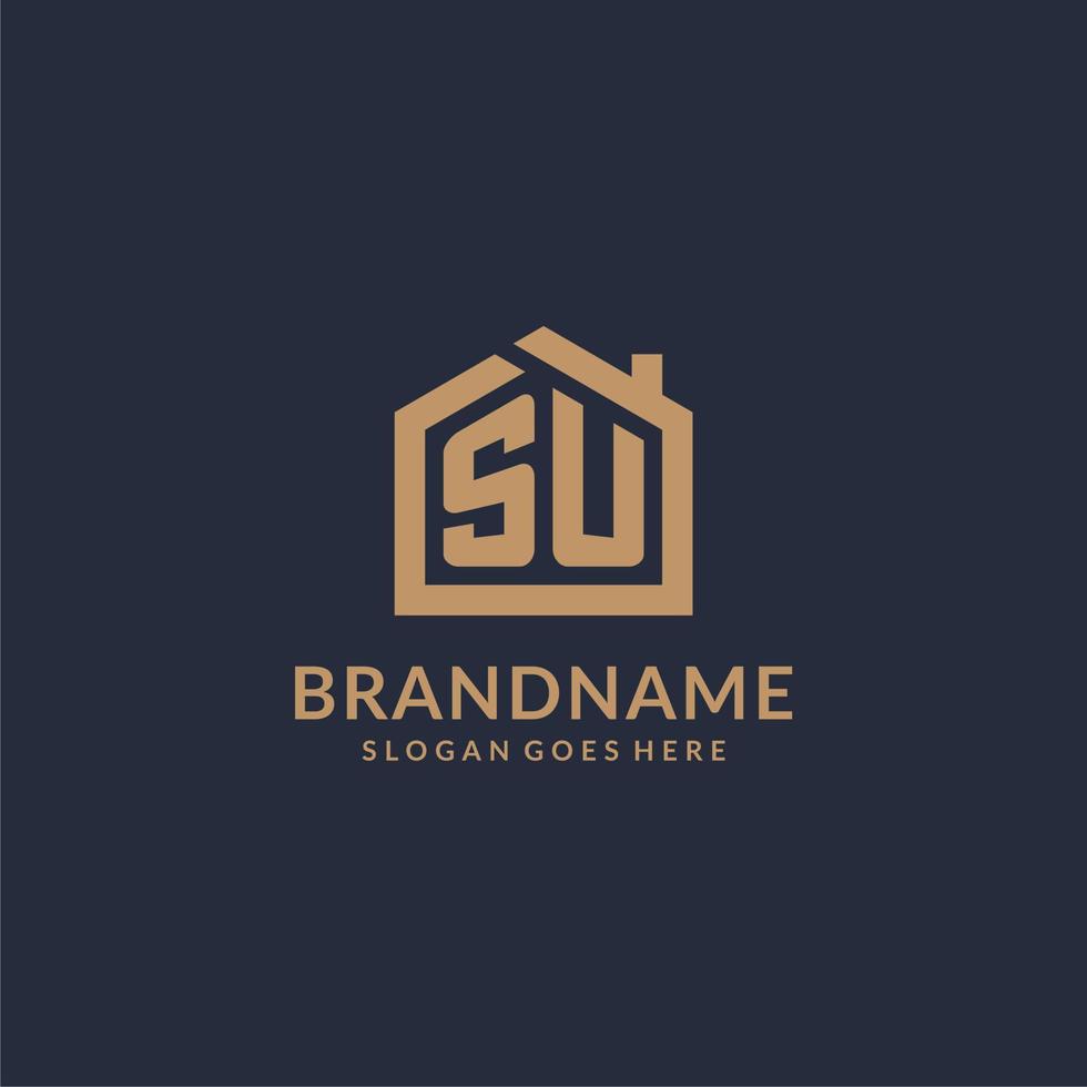 Initial letter SU logo with simple minimalist home shape icon design vector